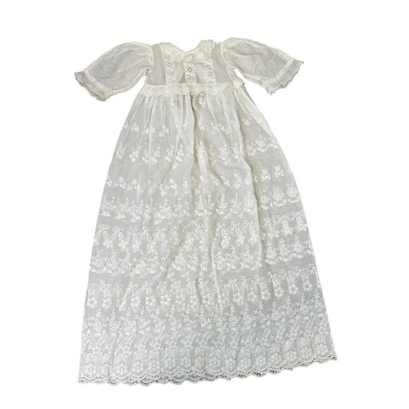 Antique Victorian Elegant Embroidered Eyelet Lace Christening Baby Gown Dress - Picture 1 of 10